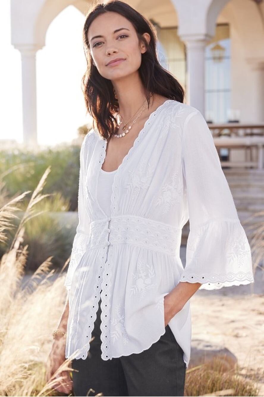 Soft Surroundings Melissani White Embroidered Eyelet Tunic Blouse Size Large